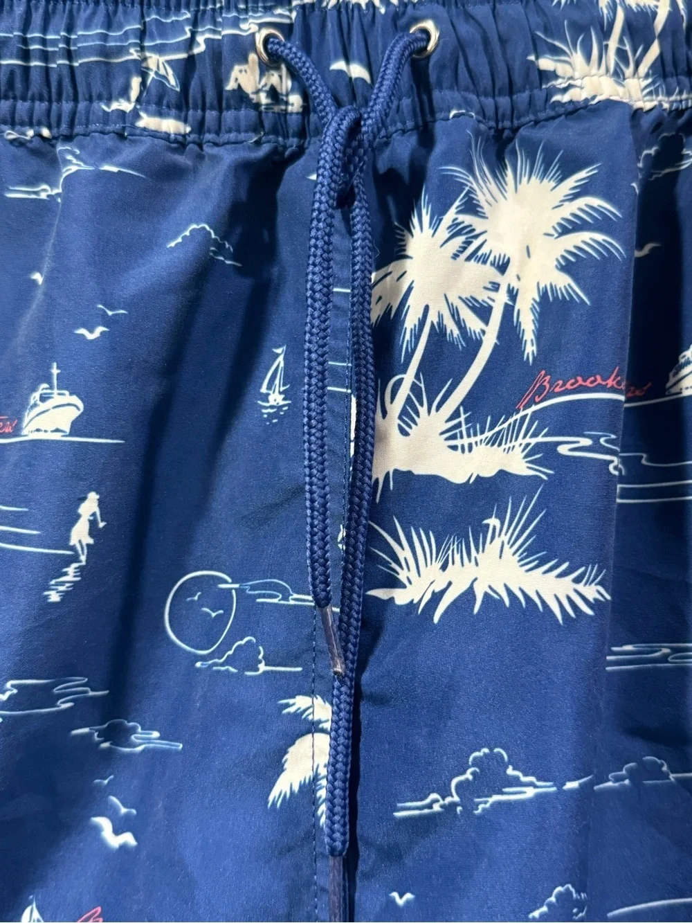 Brooks Brothers Mens Swim Trunks Size L Navy Blue Nautical Sailboat Blueprint